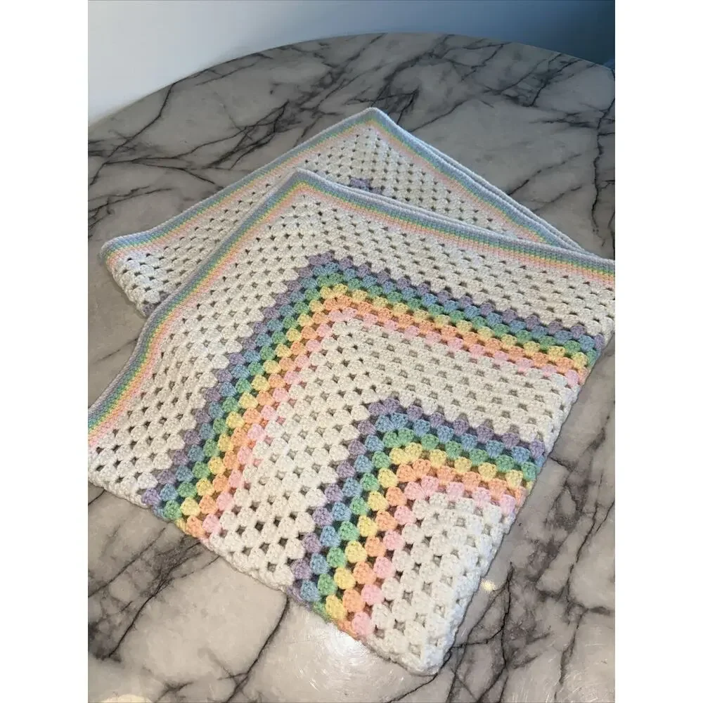 NEW Pastel Rainbow Crochet Knit Blanket 3‎ Feet 3' White Baby Boy Girl Square